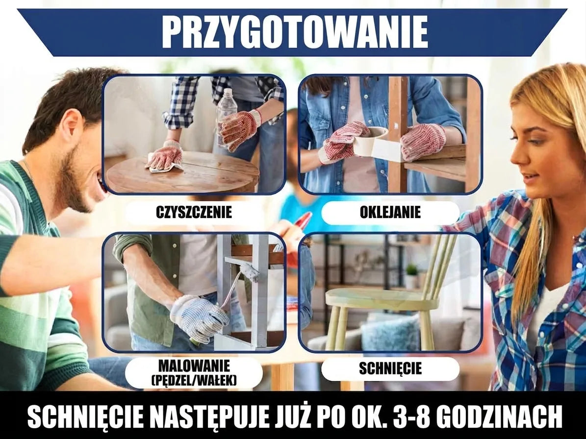 Instrukcja przygotowania i malowania mebli: czyszczenie, zaklejanie taśmą, malowanie i suszenie, z czasem schnięcia 3-8 godzin.