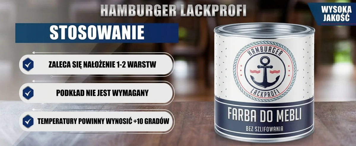 Instrukcje użycia farby do mebli Hamburger Lackprofi: 1-2 warstwy, bez podkładu, temp. >+10°C, wysoka jakość.