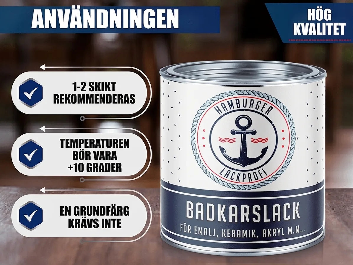 Burk badkarsfärg med instruktioner: 1-2 lager rekommenderas, använd över +10°C, ingen grundfärg krävs.