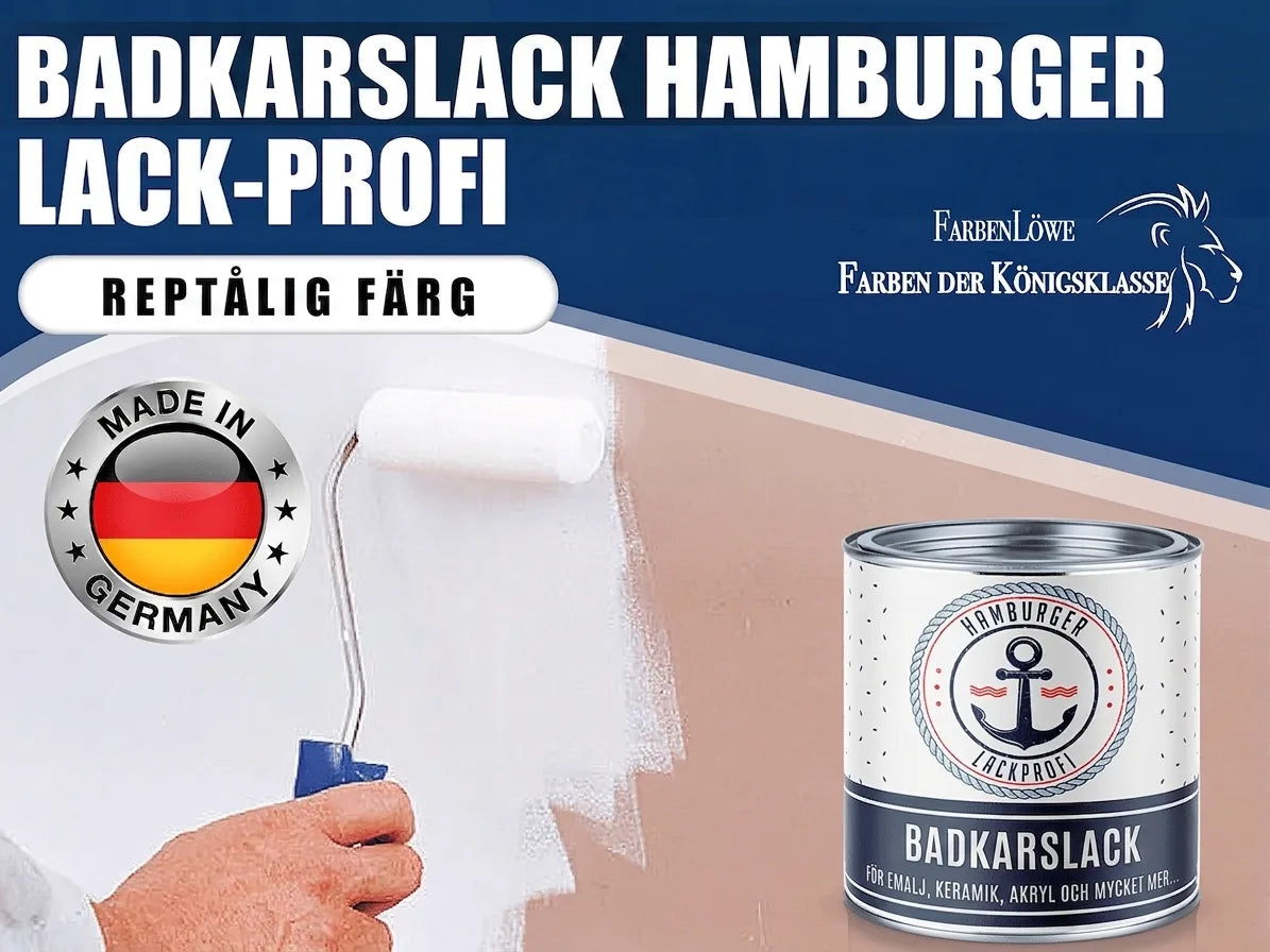 Hamburger Lack-Profi badkarslack, reptålig färg, Made in Germany. En burk med färg och en person som målar med roller.