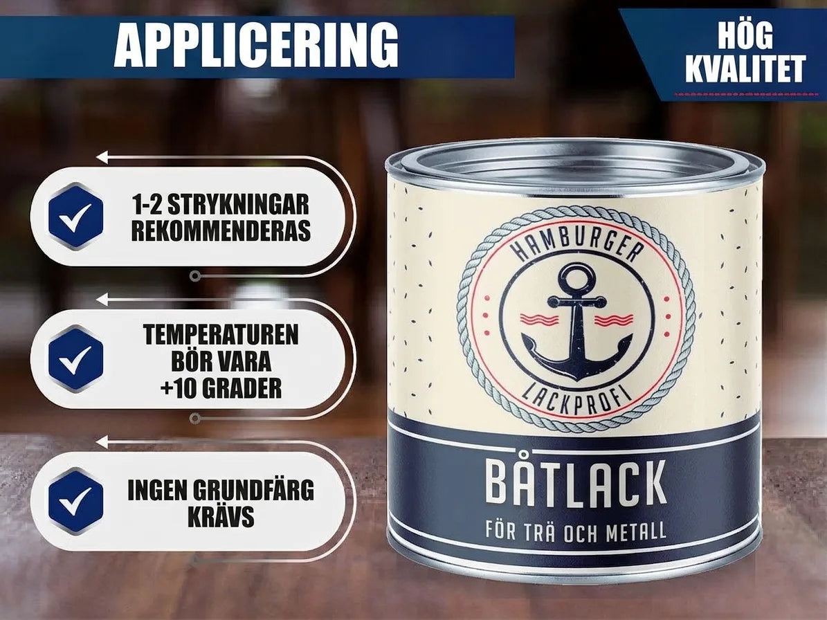 Båtlack från Hamburger Lackprofi för trä och metall med användningsinstruktioner och hög kvalitet.