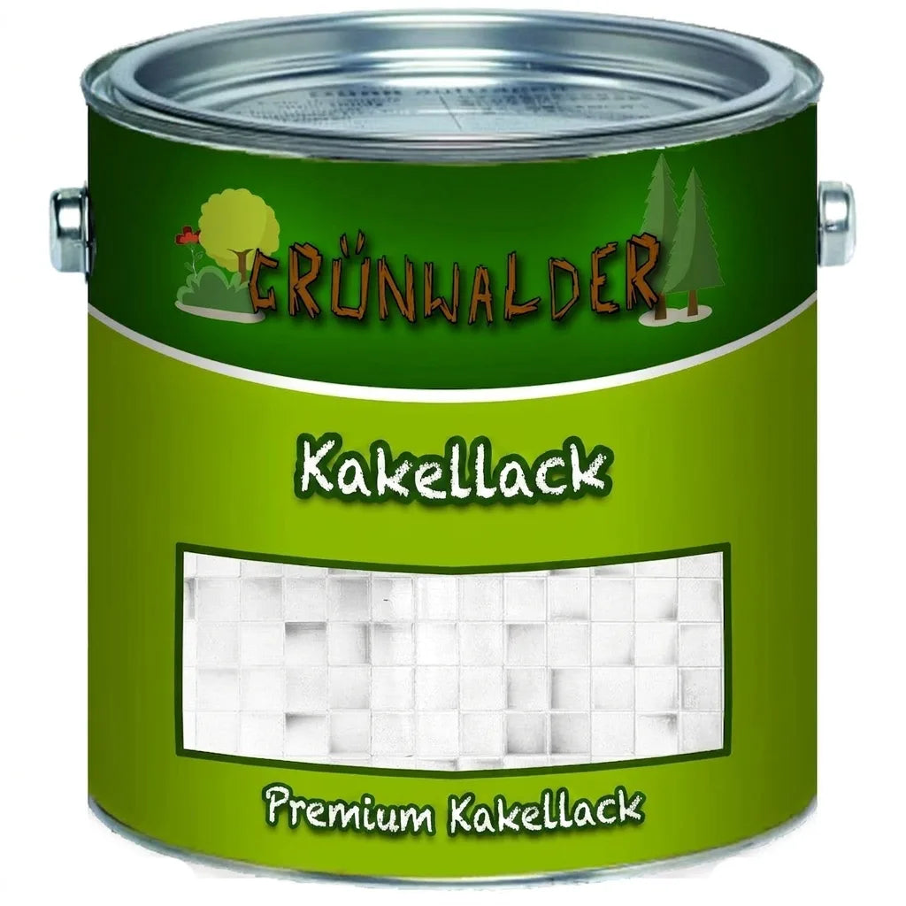 Grönmålad burk med Grünwalder Premium kakellack för kakel, med vit färgprov på framsidan.