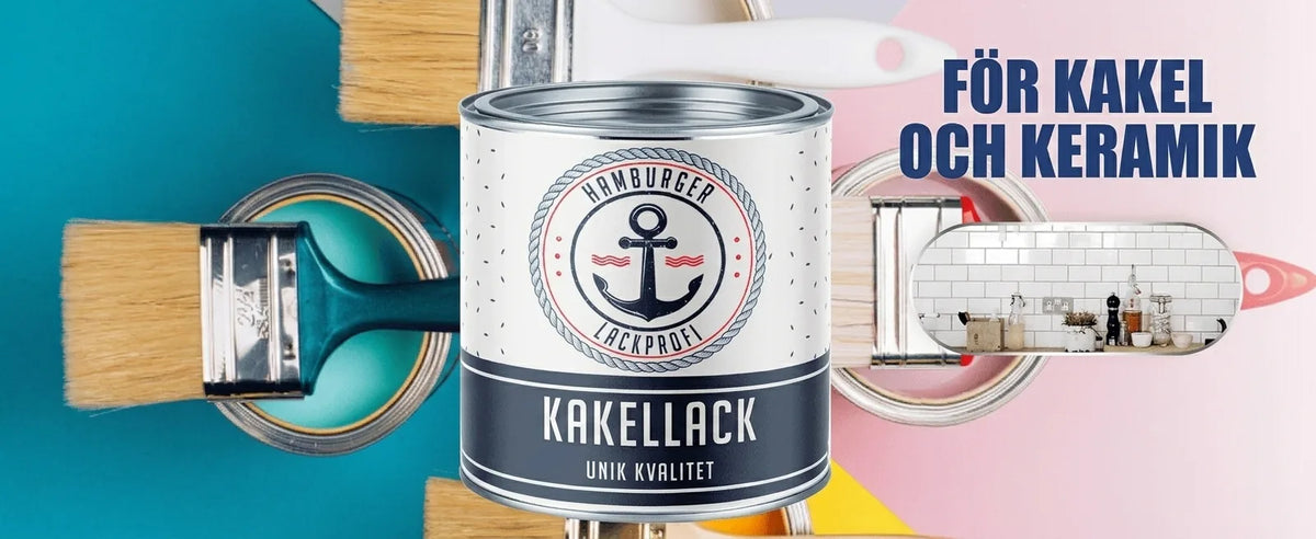 Hamburger Lackprofi kakelfärgburk med penslar, text 'FÖR PLATTOR OCH KERAMIK'. Insetbild av kaklad vägg i kök.