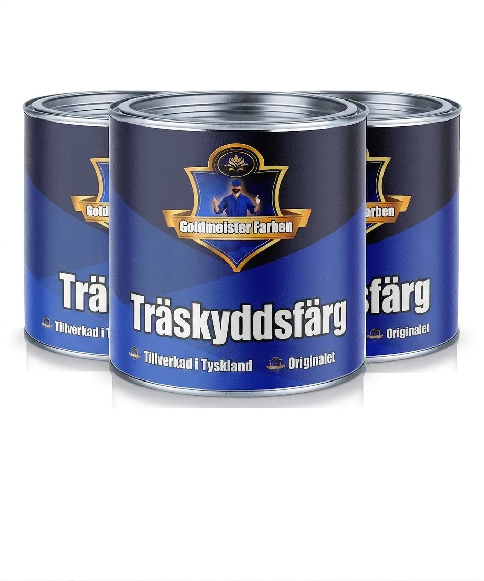 Tre burkar Goldmeister Holzschutzfarbe (träskyddsfärg) med etiketter, märkt 'Made in Germany'.