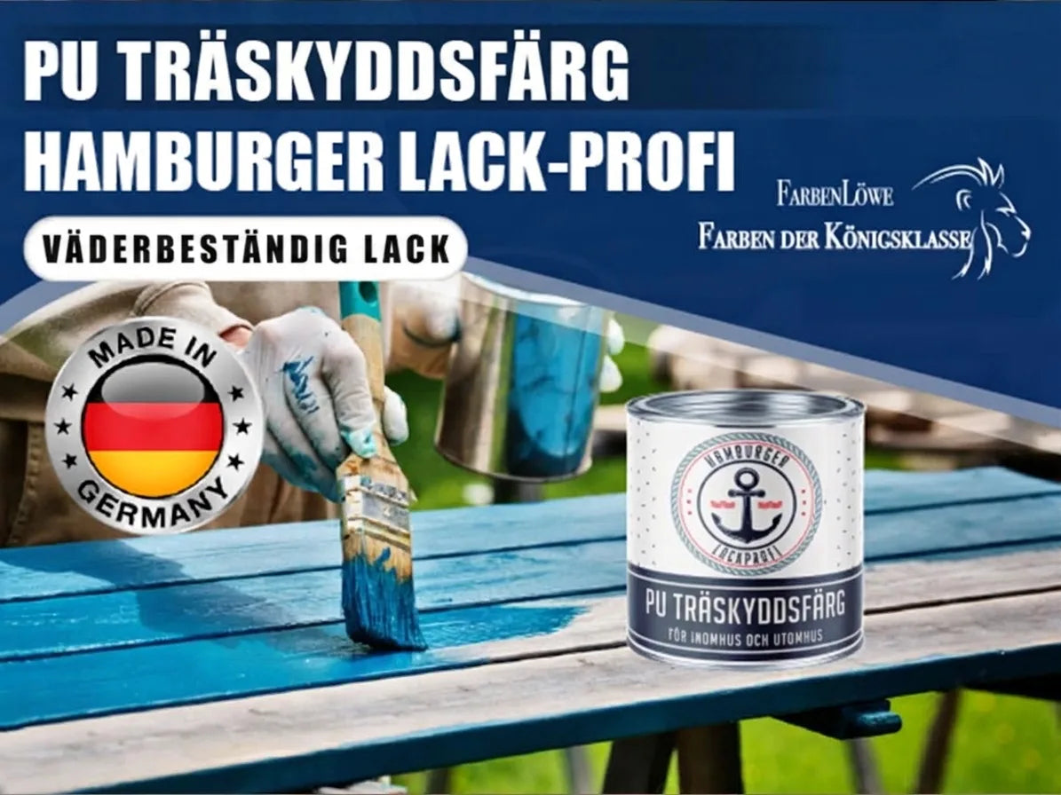 Person målar trä med blå Hamburger Lack-Profi träskyddsfärg. Väderbeständig färg för inomhus- & utomhusbruk, Made in Germany.