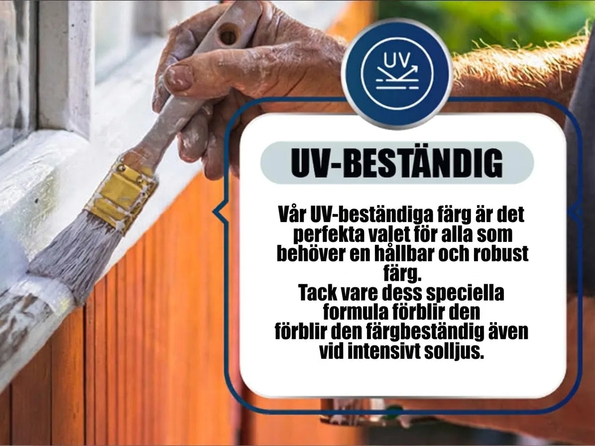 Person målar fönsterkarm vit med UV-beständig färg. Hållbar lack som behåller färgen även i stark sol.