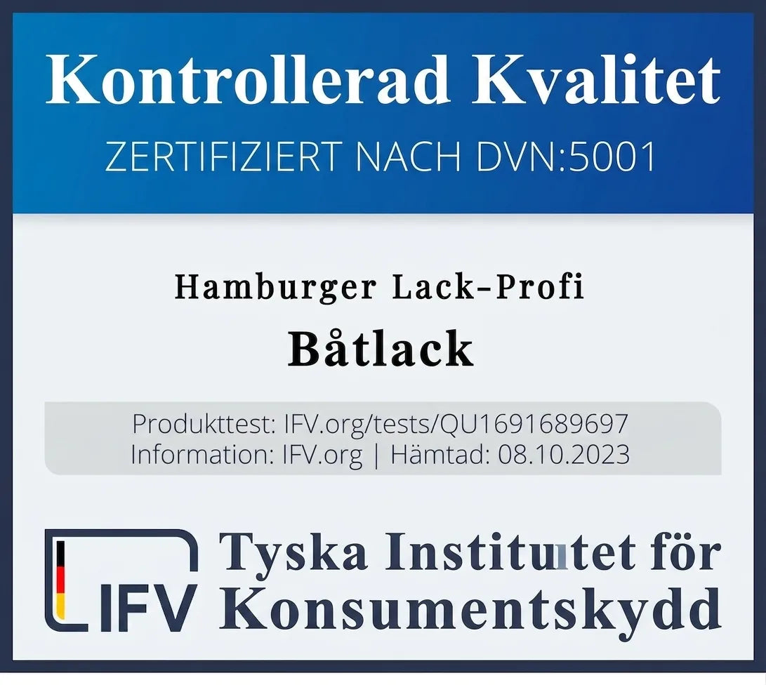 Tyskt kvalitetscertifikat för Hamburger Lack-Profi båtlack, utfärdat av Deutsches Institut für Verbraucherschutz.