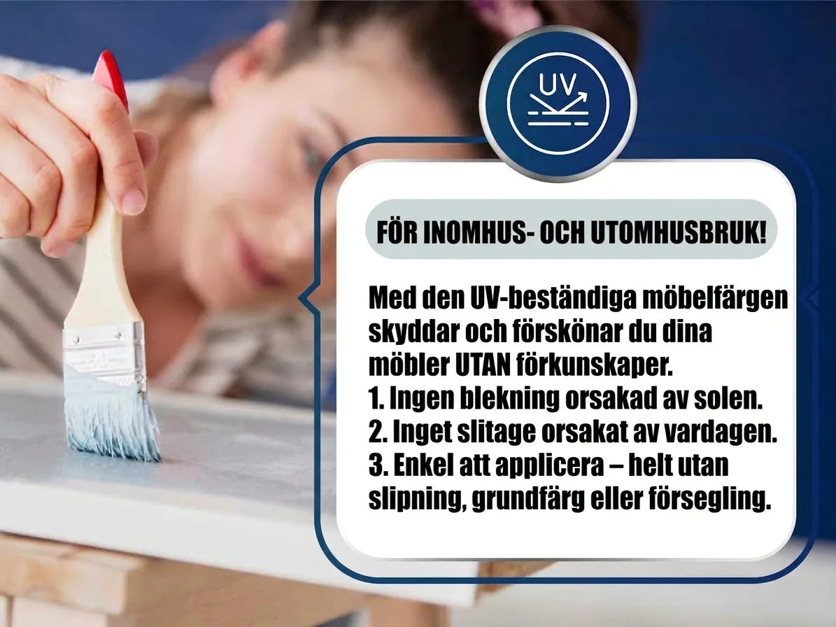 Kvinna målar möbler med UV-beständig möbelfärg för inomhus och utomhus. Skyddar mot sol, slitage, enkel att applicera.