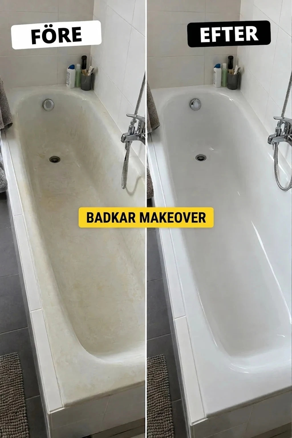 Jämförelsebild: före och efter renovering av badkar. Ett gammalt, smutsigt badkar har blivit rent och vitt.
