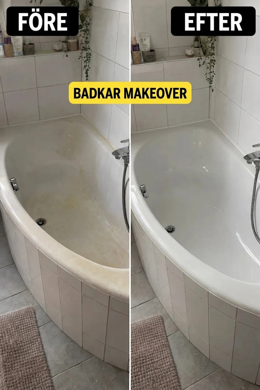 FÖRE och EFTER: Förvandling av ett gammalt, gulnat badkar till rent och glänsande vitt. Badrumsrenovering.