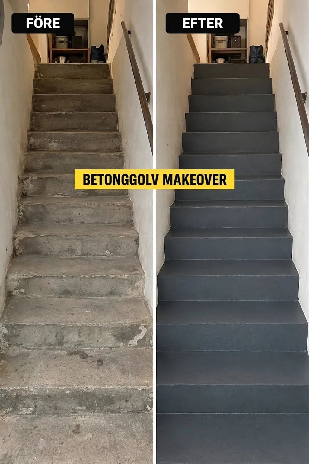 Före och efter: grå betongtrappor, från slitna till nymålade, släta och rena.