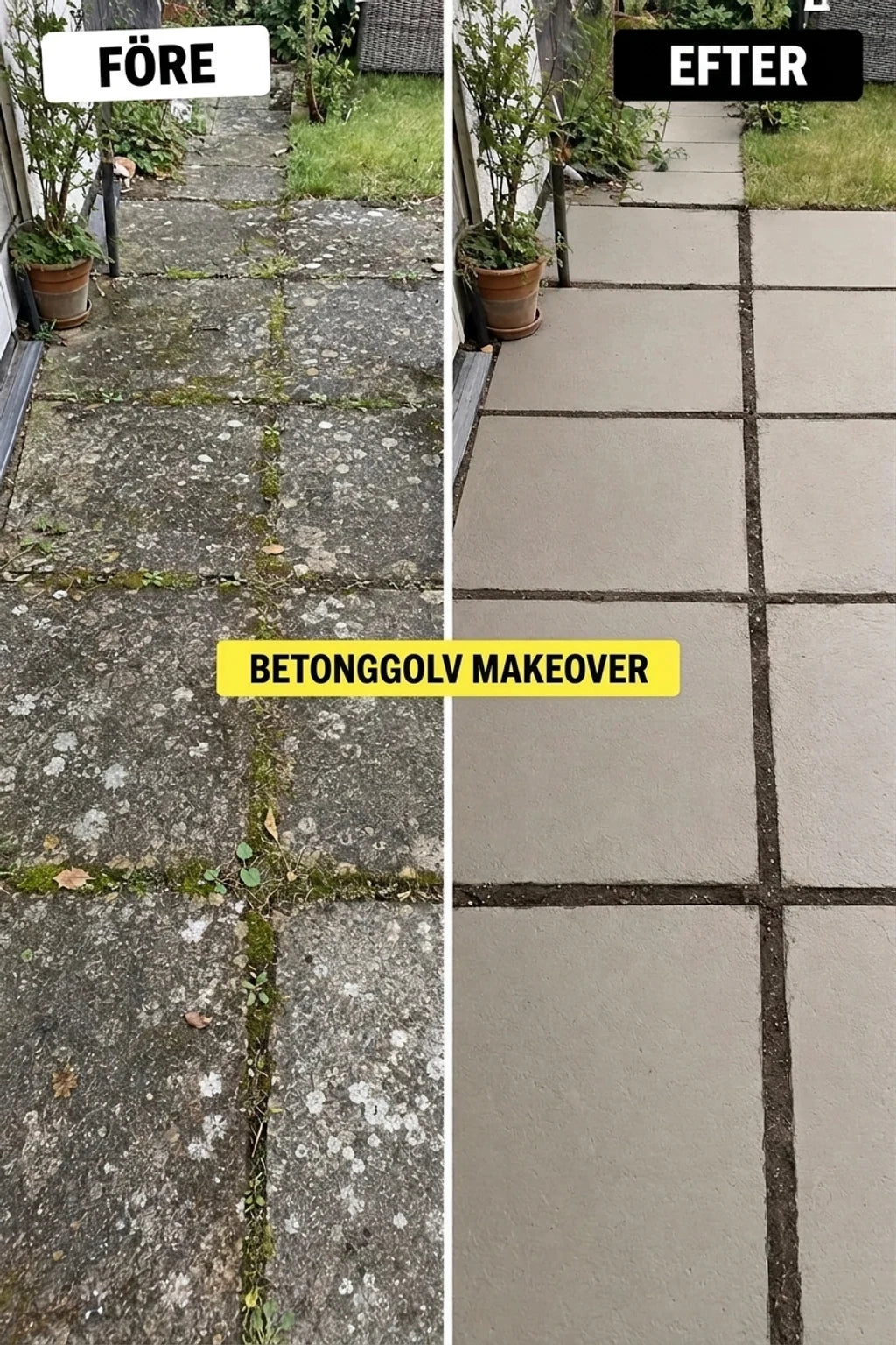 Före och efter: smutsig, igenvuxen betonggång (före) samt ren, renoverad betonggång (efter). Förvandling av betongunderlag.