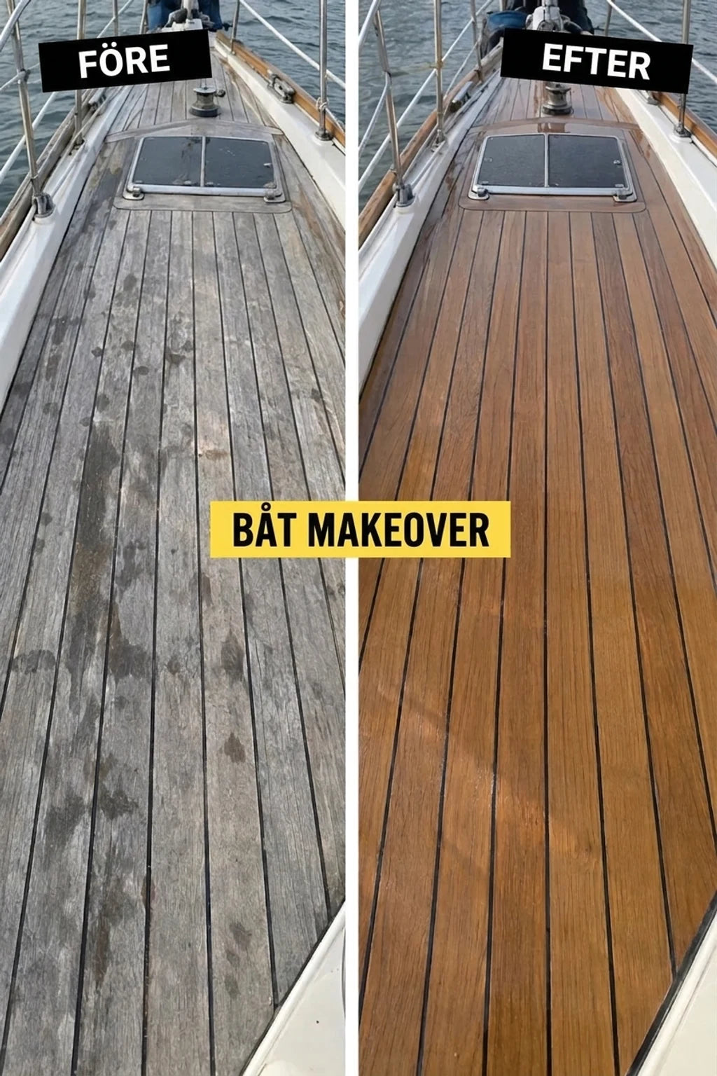 Jämförelsebild: båtdäck före (grått, slitet) och efter (brunt, uppfräschat teak) renovering.