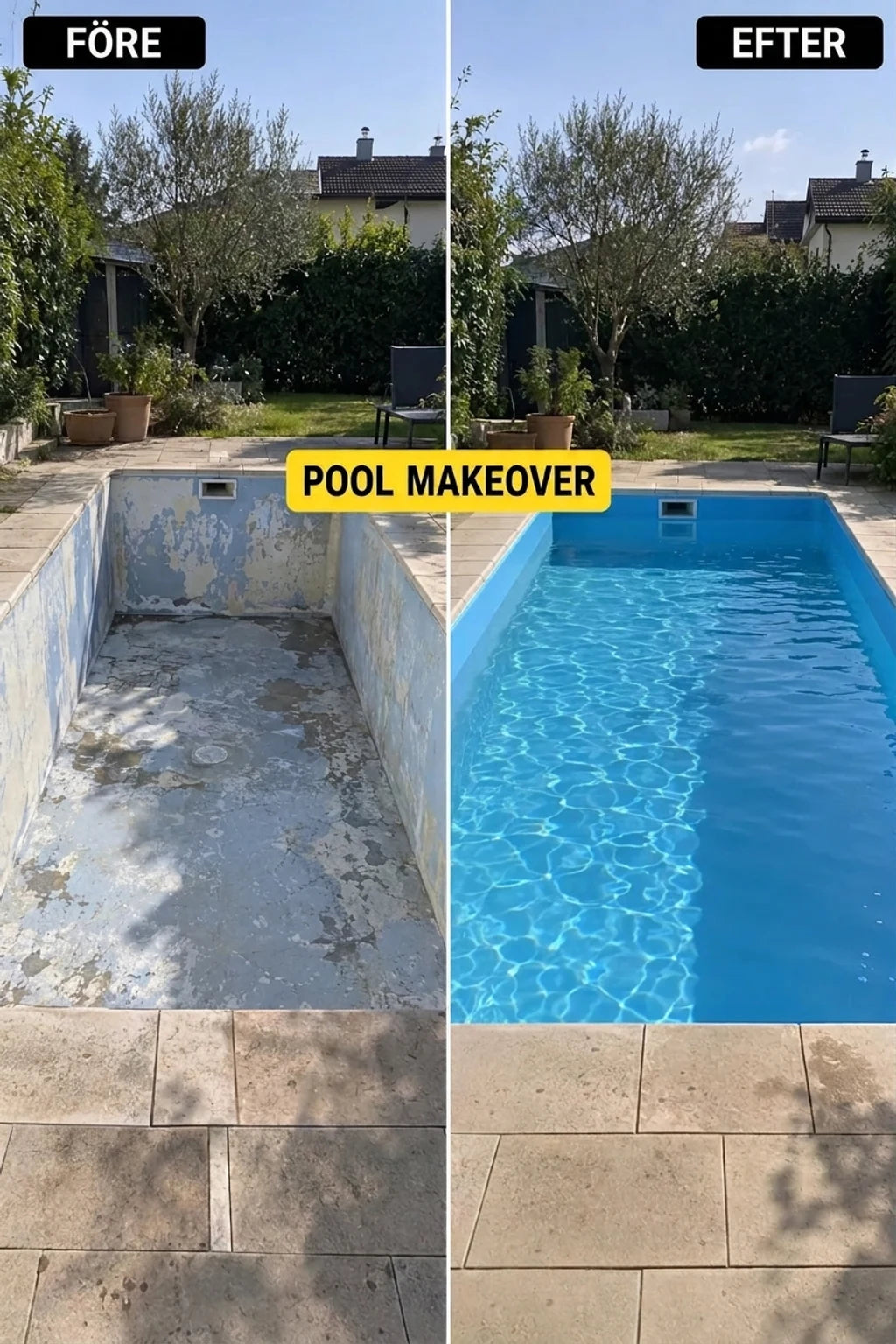 Renovering av pool: bild före och efter. En tom, sliten pool förvandlad till en ren, fylld av azurblått vatten.