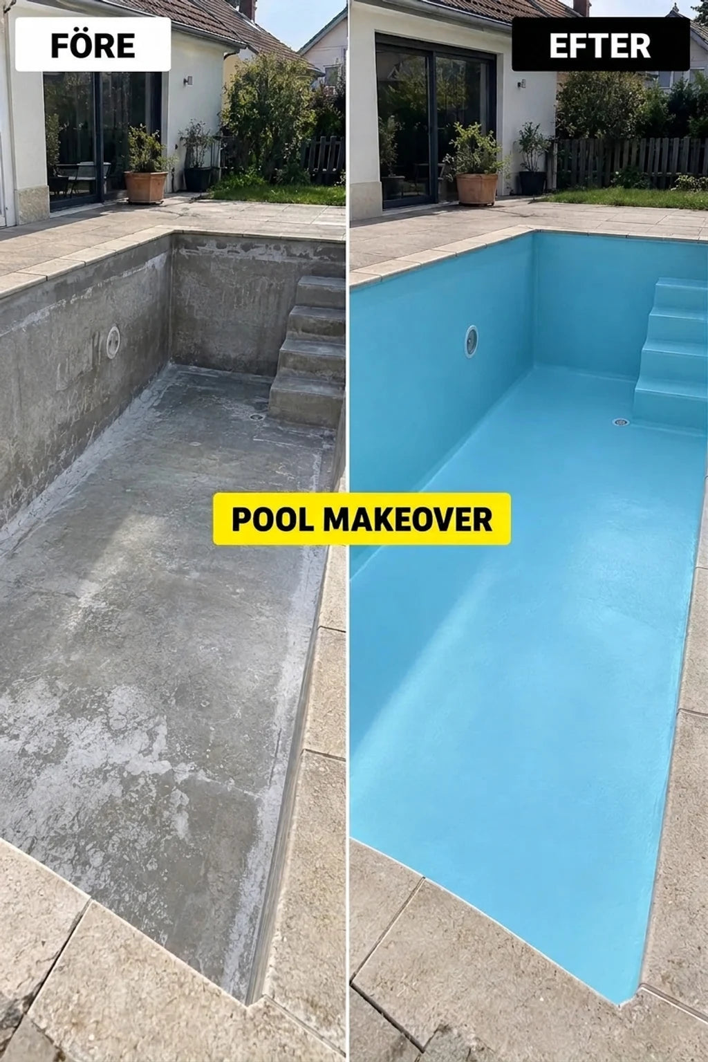 Bild före och efter. Till vänster en gammal, smutsig betongpool, till höger en renoverad pool i ljusblått.