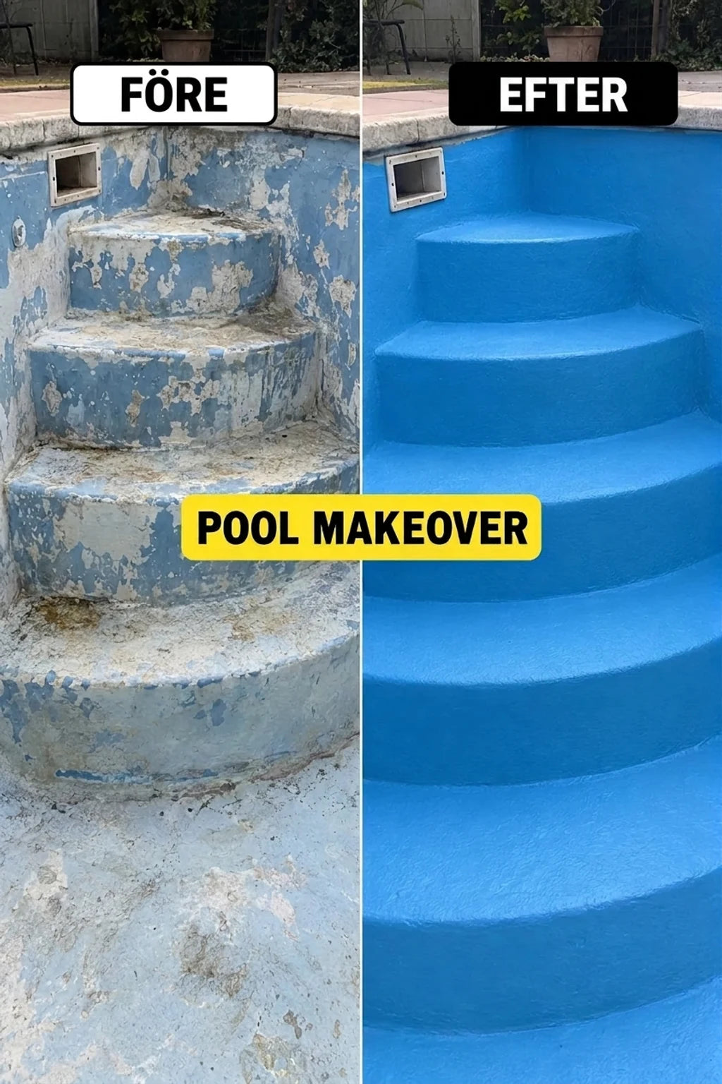 Jämförelsebild före och efter renovering av pool: gamla, flagnande blå trappor vs. nya, släta, ljusblå.