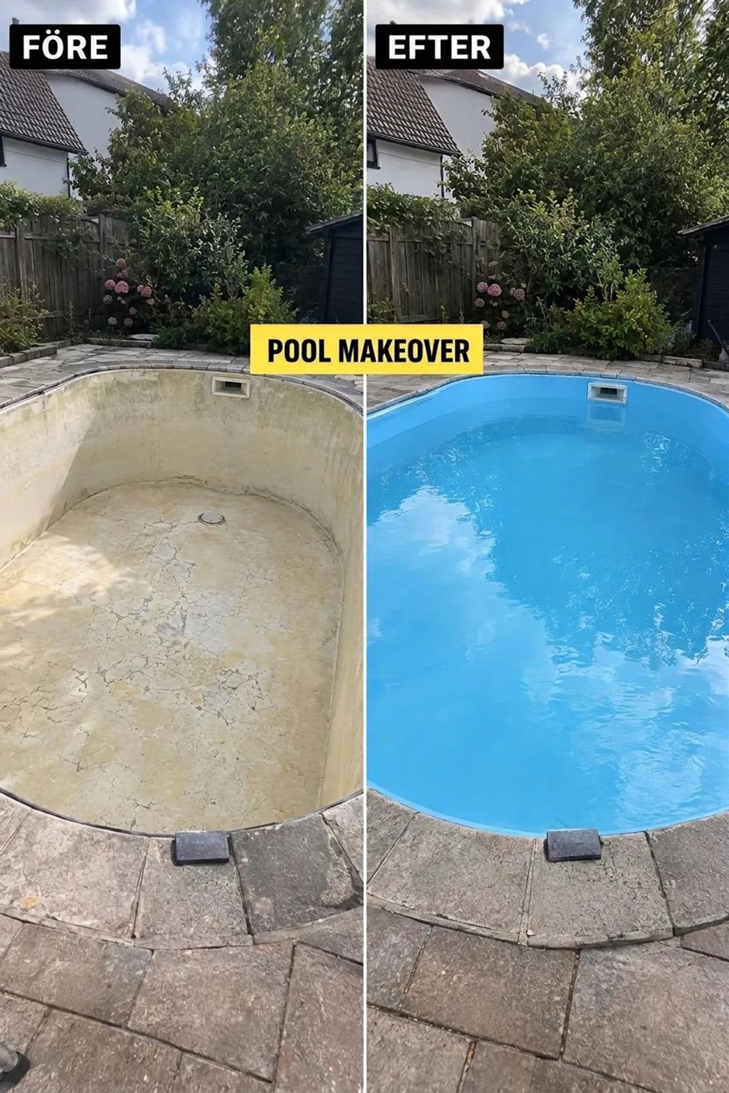 Förvandling av pool: en smutsig, tom pool före renovering och en ren, fylld med ljusblått vatten efter.