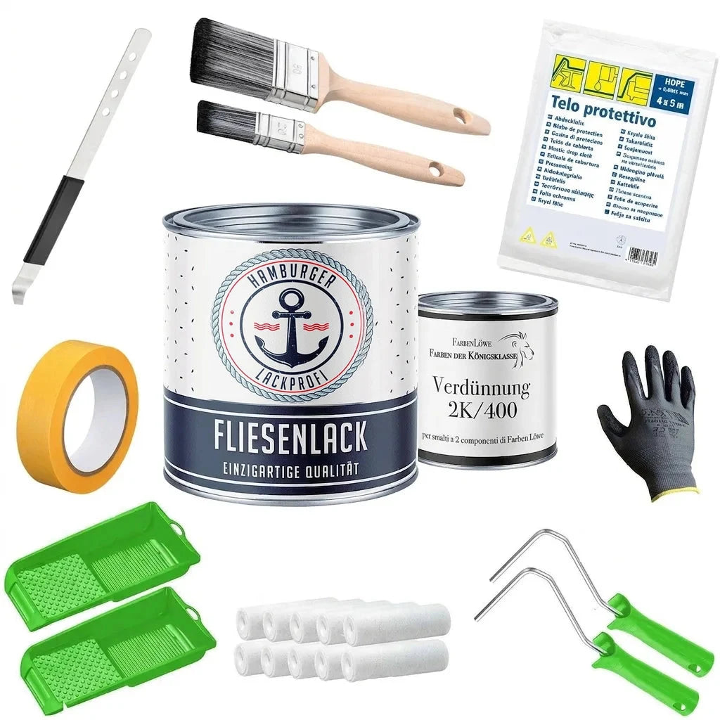 Set completo per la verniciatura delle piastrelle: vernice, diluente, pennelli, rulli, nastro, telo e guanti.