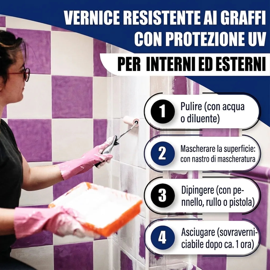 Donna che vernicia piastrelle con vernice bianca; testo tedesco: vernice antigraffio con protezione UV per interni ed esterni, istruzioni in