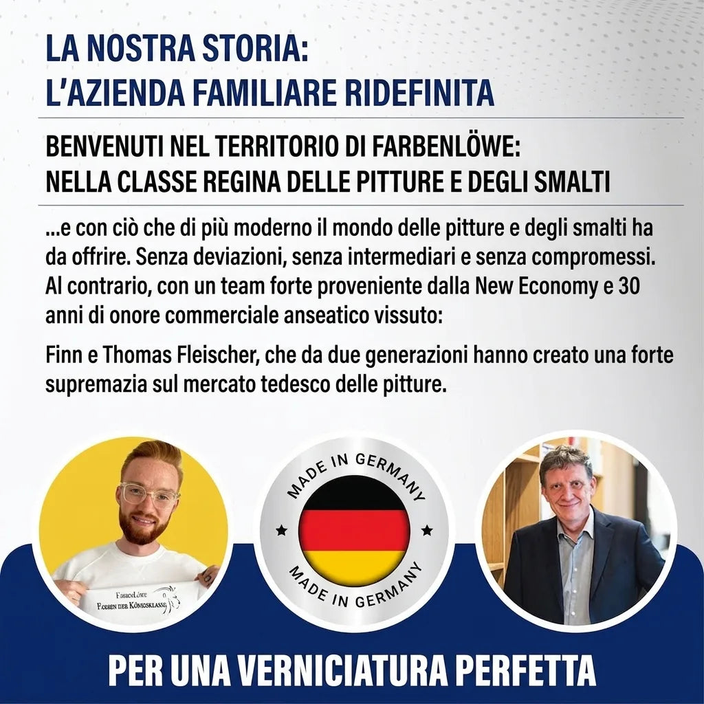 Testo in tedesco sul ridisegno dell'azienda di famiglia per vernici di alta qualità con i fondatori e logo Made in Germany.