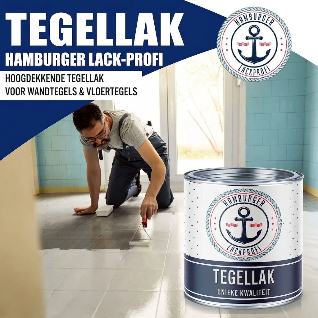 Man schildert vloertegels wit, met een blik Hamburger Lak-Pro tegellak. Hoogdekkend voor wand- en vloertegels.