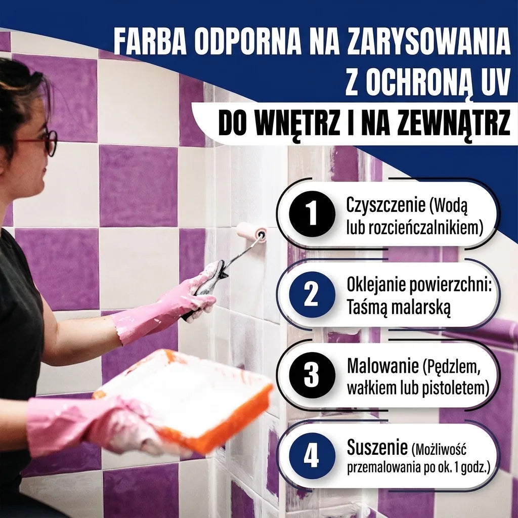Kobieta maluje płytki, instrukcje użycia farby odpornej na zarysowania z ochroną UV do wnętrz i na zewnątrz.