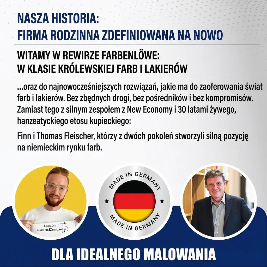 Niemiecka rodzinna firma FarbenLöwe, Finn i Thomas Fleischer. Najwyższej klasy farby i lakiery. Wyprodukowano w Niemczech.