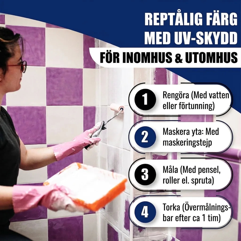 Person målar kakel med reptålig UV-färg. 4-stegsguide för inom- och utomhusbruk.