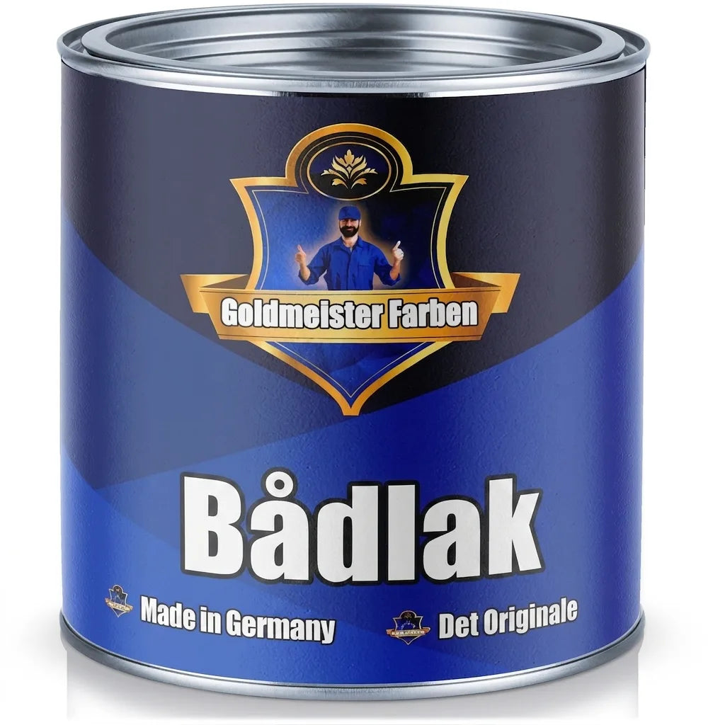 En blå dåse Goldmeister Farben bådlak, 'Das Original', fremstillet i Tyskland.