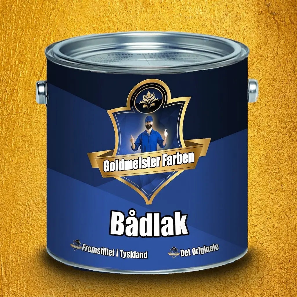 En blå Goldmeister Farver dåse med bådlak, 'Made in Germany' og 'Das Original'.