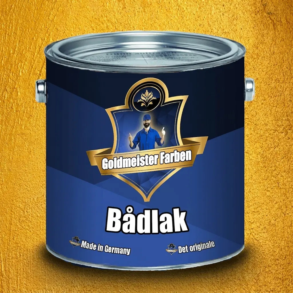 En blå Goldmeister Farver dåse med bådlak, 'Made in Germany' og 'Das Original'.