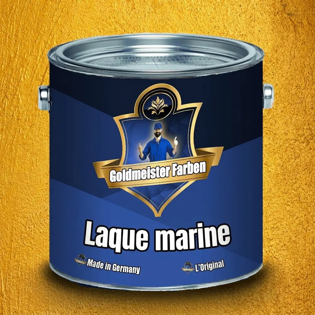 Bidon de peinture bleu Goldmeister Farben, étiquette dorée 'Bootslack' (vernis pour bateaux), 'Made in Germany'.