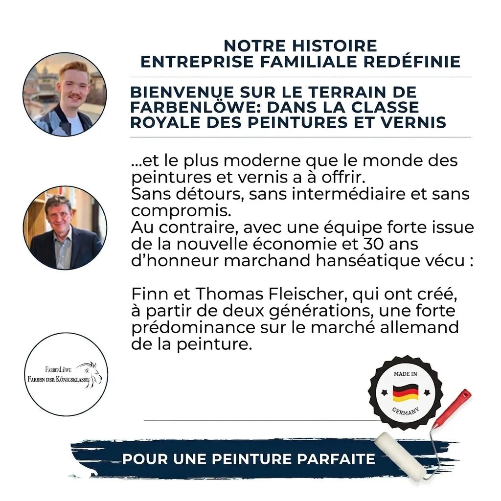 Page de présentation de l'entreprise familiale Farbenlöwe, proposant des peintures et vernis allemands de qualité.