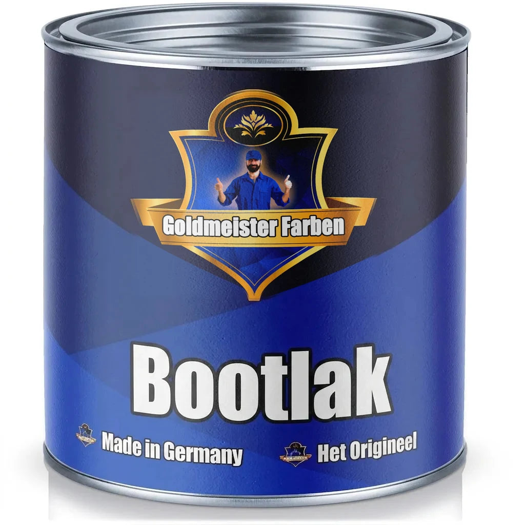 Verfblik van Goldmeister Farben, blauw en zwart, met het opschrift 'Bootslack' en 'Das Original'.
