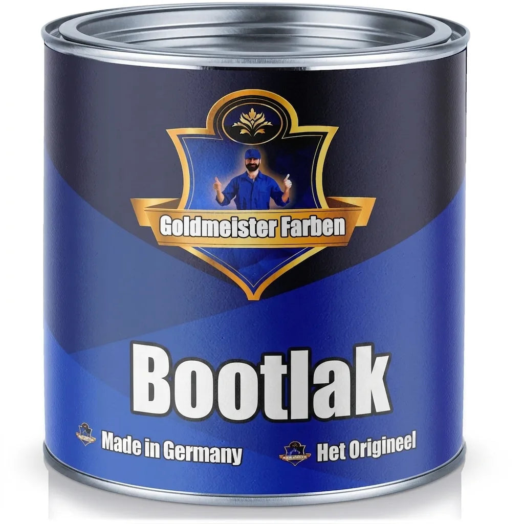 Verfblik van Goldmeister Farben, blauw en zwart, met het opschrift 'Bootslack' en 'Das Original'.