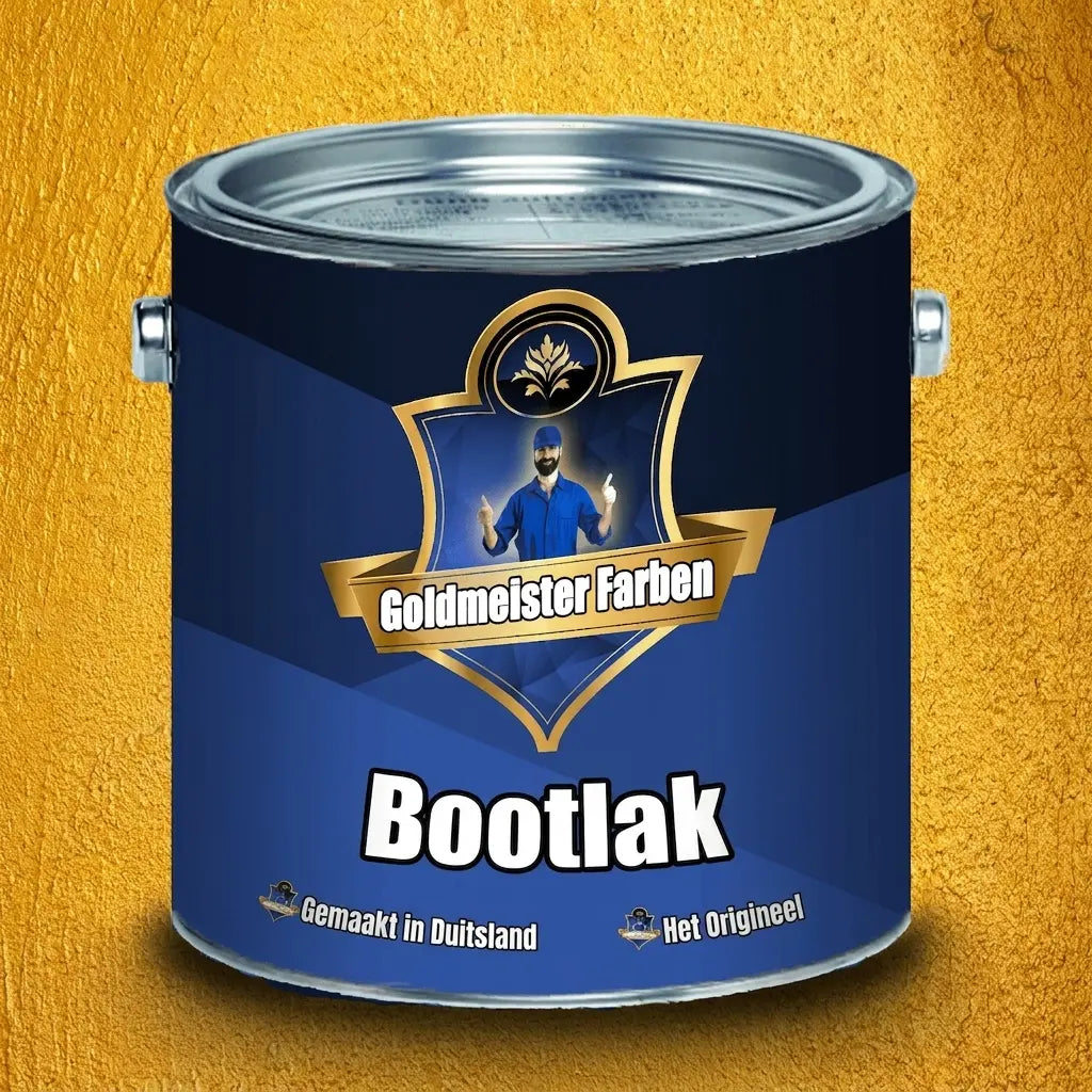 Blauwe Goldmeister Kleuren bootlak, 'Gemaakt in Duitsland' en 'Het Origineel' op het label.