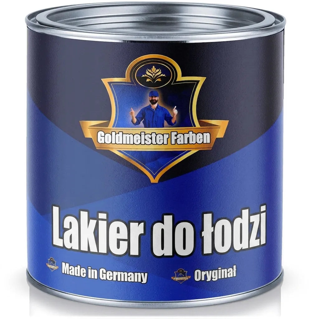 Puszka farby Goldmeister Farben Bootslack, z napisem "Made in Germany" i "Das Original".