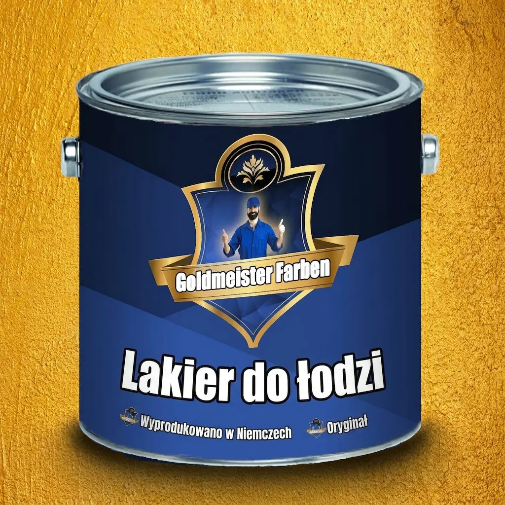 Puszka farby Goldmeister Farben, lakier do łodzi Bootslack. Napisy: Made in Germany, Das Original. Na złotym tle.