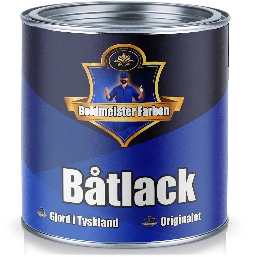 Blå färgburk med Goldmeister Farben båtlack, märkt 'Made in Germany' och 'Das Original'.