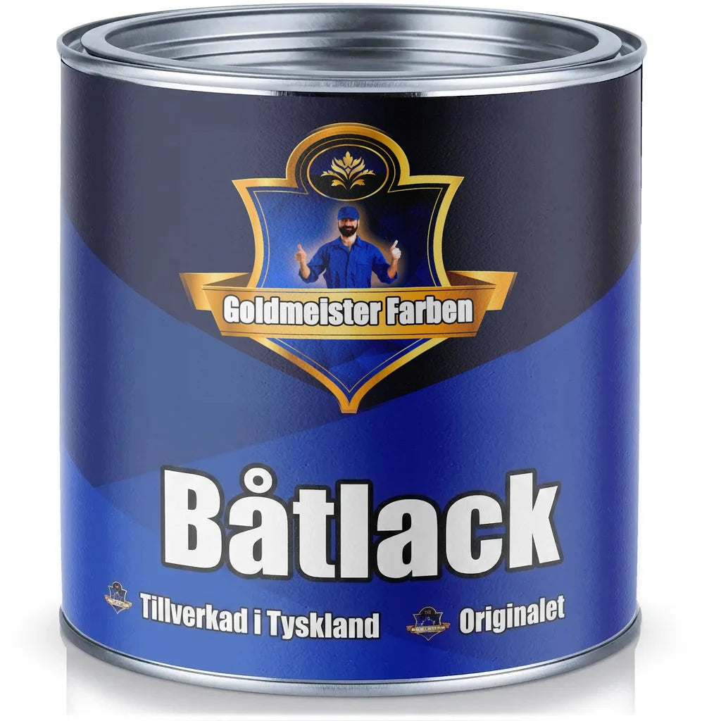 Blå färgburk med Goldmeister Farben båtlack, märkt 'Made in Germany' och 'Das Original'.