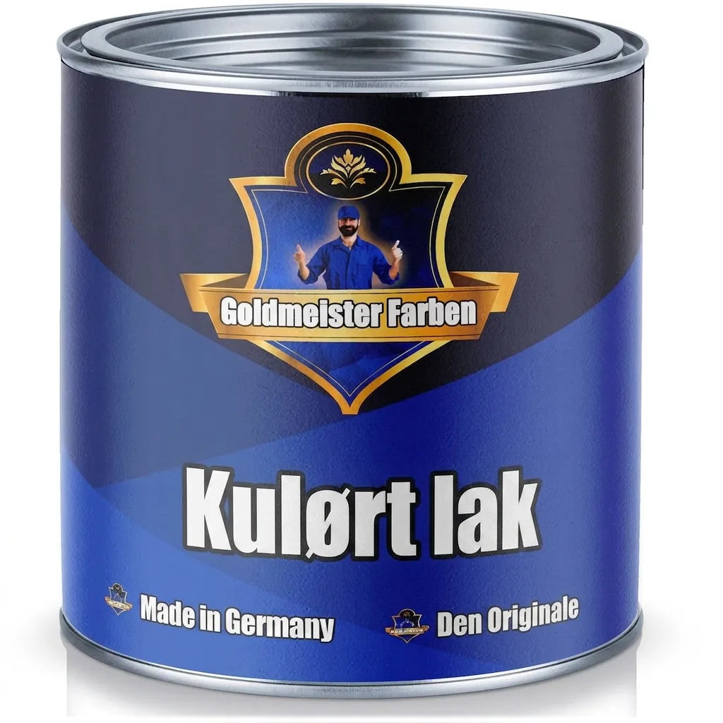 Blå malingsdåse fra Goldmeister Farben med farvelak, fremstillet i Tyskland. Mærket 'Das Original'.
