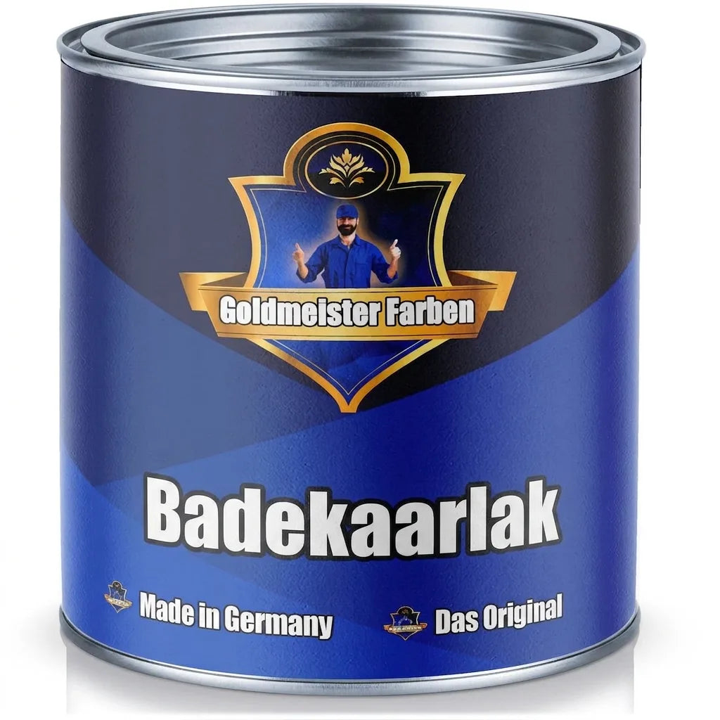 Blå malerbøtte fra Goldmeister Farben med 'Badewannenlack', 'Made in Germany' og 'Das Original'.