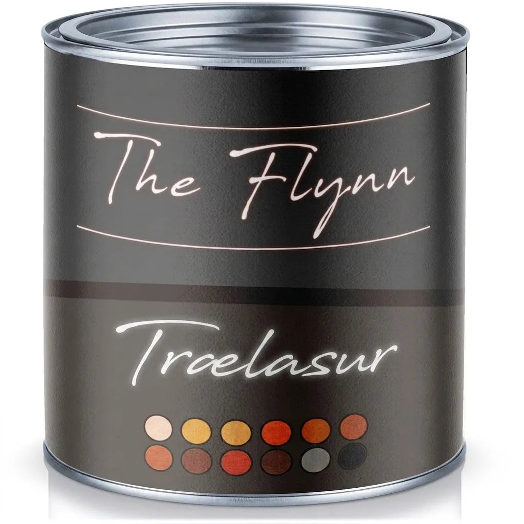 Malingsdåse med 'The Flynn' træbejdse og farveprøver. Perfekt til træbeskyttelse og finish.