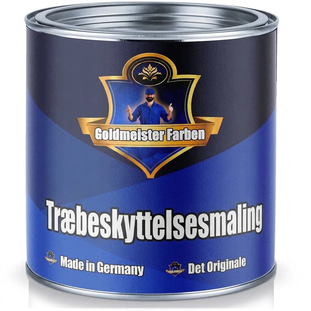 Blå malerbøtte fra Goldmeister Farben med træbeskyttelsesmaling. Made in Germany, Das Original.