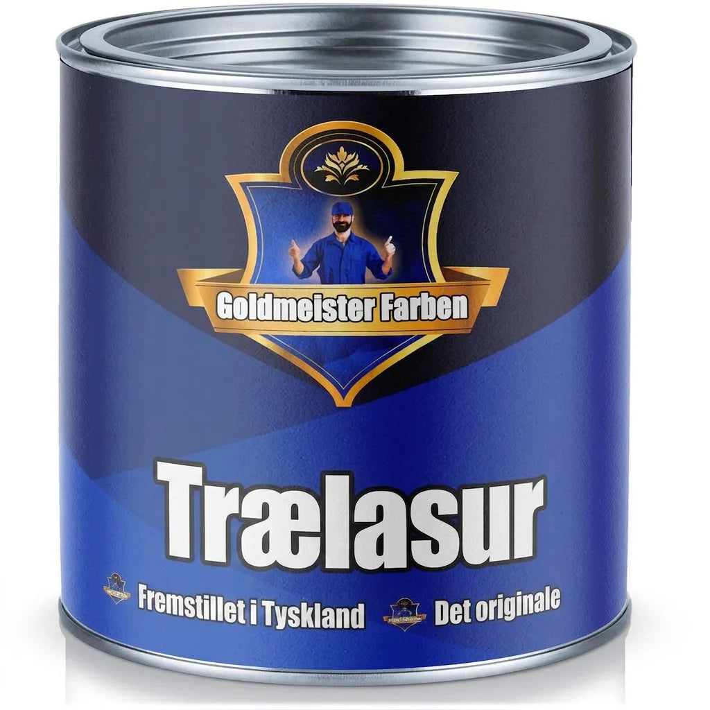 Blå Goldmeister Farben Holzlasur malerdåse, 'Made in Germany' og 'Das Original', med mand i uniform.