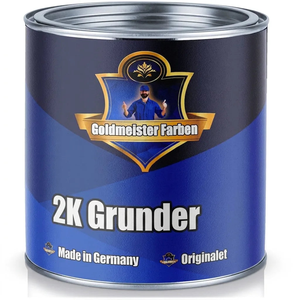 Blå dåse med Goldmeister Farben 2K grundmaling. Produceret i Tyskland.