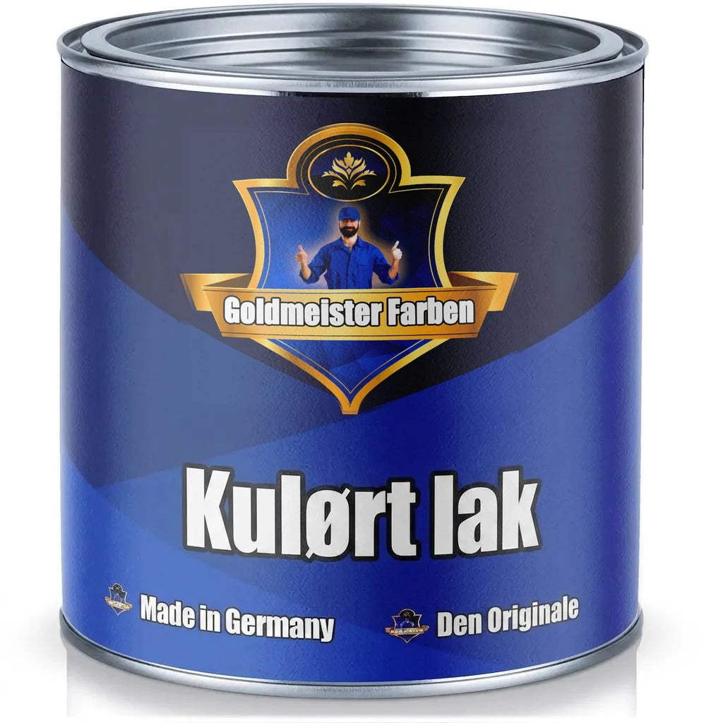 Blå malingsdåse fra Goldmeister Farben med farvelak, fremstillet i Tyskland. Mærket 'Das Original'.