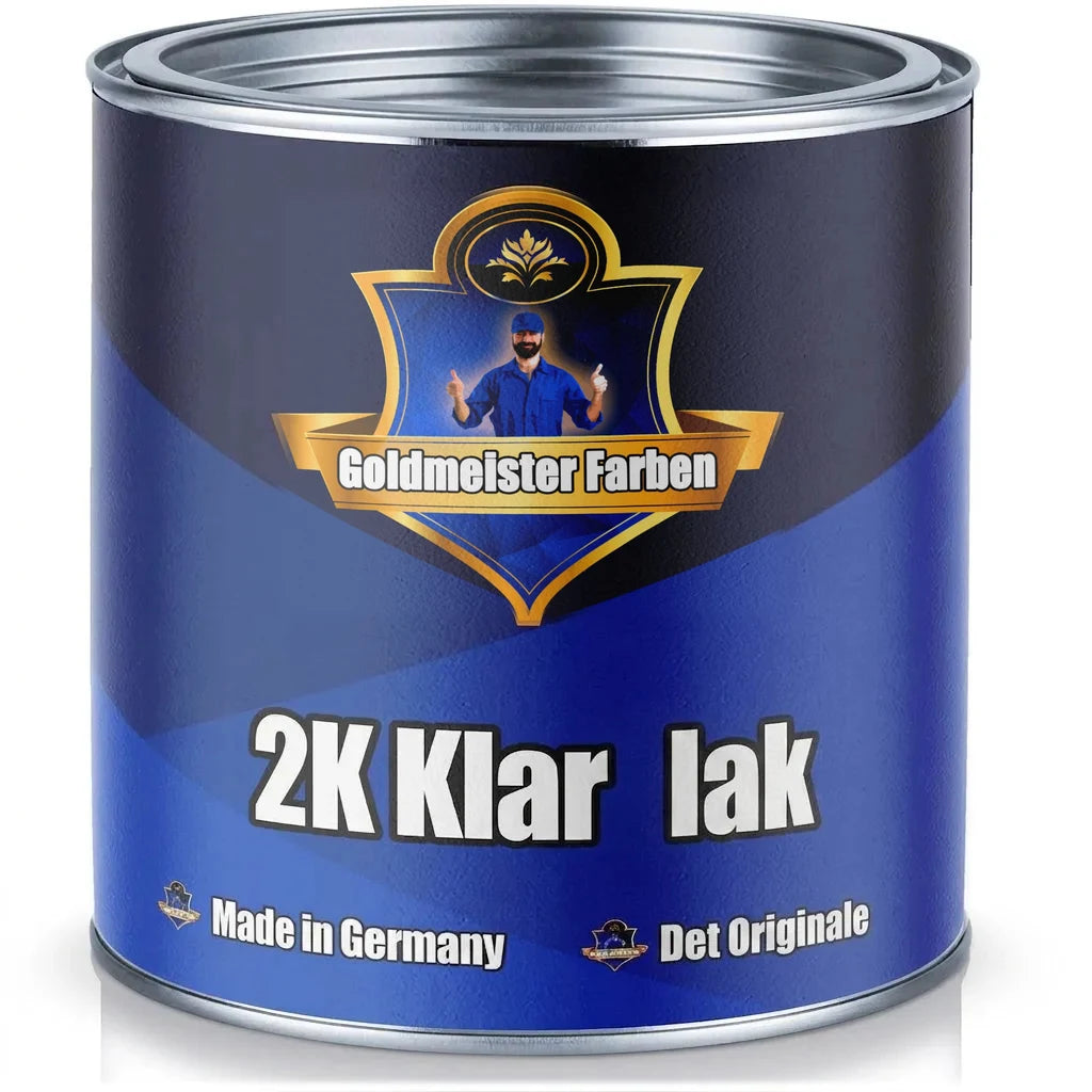 Goldmeister Farben 2K klarlak i en blå malingsdåse, mærket 'Made in Germany' og 'Das Original'.