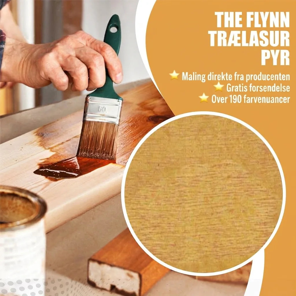 THE FLYNN TRÆLASUR FYR. Hånd bejser træ. Tekst: Farve direkte fra producenten, gratis fragt, over 190 farver. Fyrretræsdetalje.