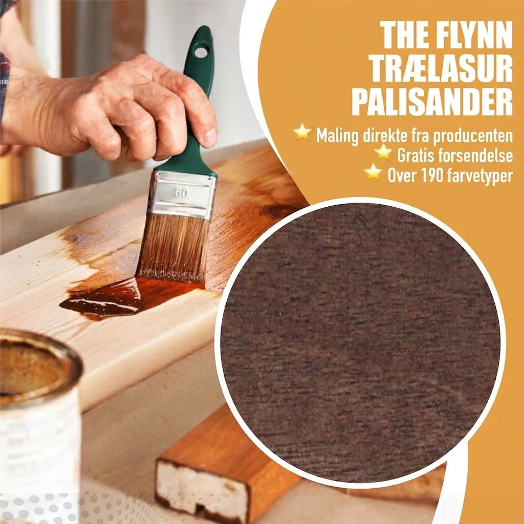 Person påfører brun trælasur 'THE FLYNN Palisander'. Reklame for direkte salg, gratis fragt, 190+ farver.